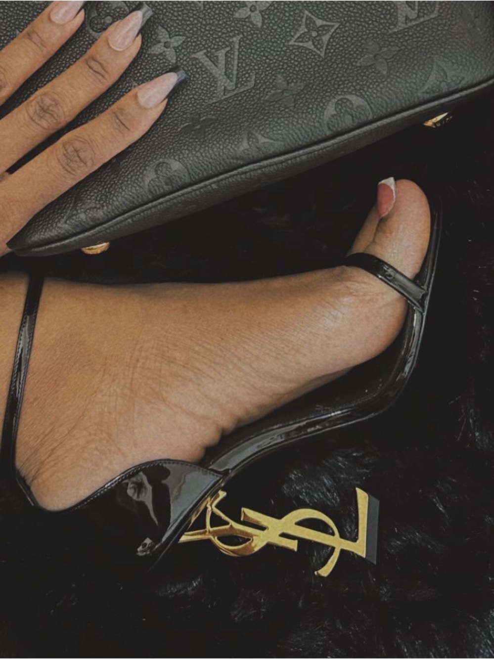 Yves Saint Laurent Black Patent Leather Strappy Sandals with Gold YSL Logo Heel